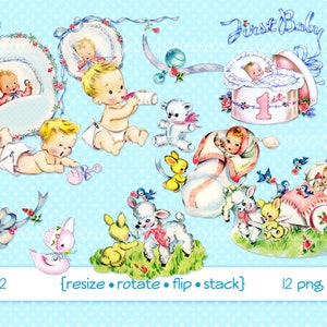 Clipart digital, download instantâneo, clipart de bebê vintage, infantil, menina, brinquedos para bebês de coelhinho de cordeiro, chocalho de garrafa - para impressão png arquivos 4152