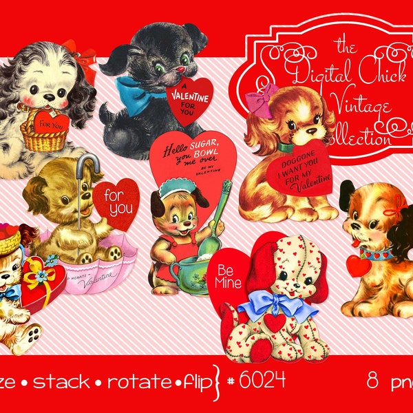 Vintage Dog Valentine Clip Art, instant download, doggie, puppy hearts, cute spaniel, terrier-PNG files 6024