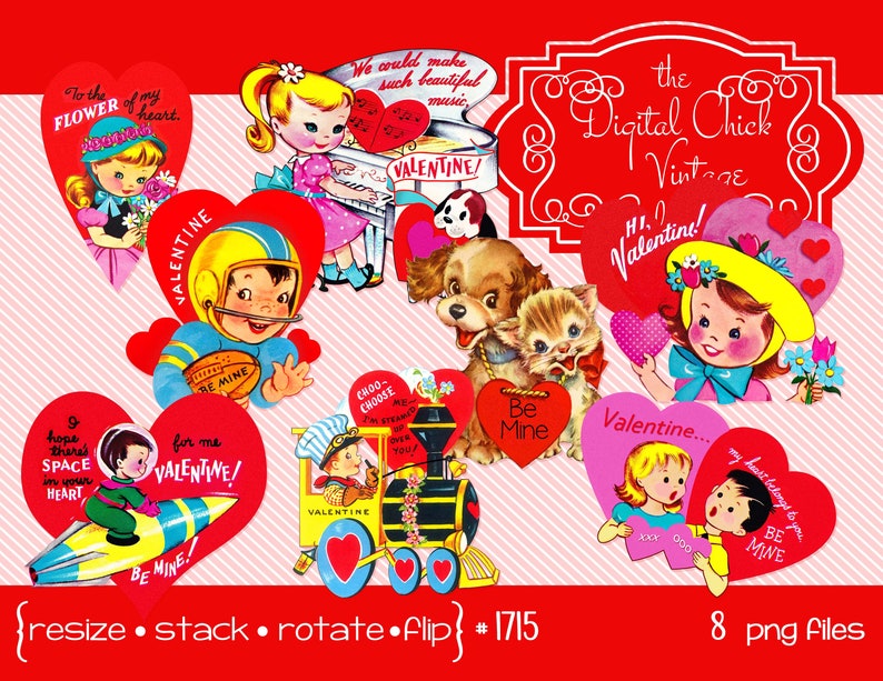 Digital clipart, instant download, Vintage Valentines, Boys and Girls, Rocket, football player, piano player, Train Engine, 8 PNG files 1715 image 1