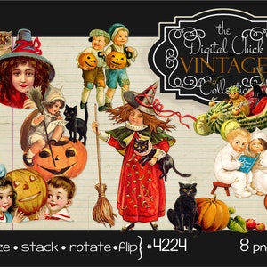 Digital Clipart, Vintage Halloween images --Clip Art, Pumpkins, Black Cats, Witches, children--8 png files, 1 JPEG commercial use