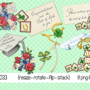 Vintage Graduierung Clipart, Grad Mütze, Hufeisen, Diplom, Querlenker, 4 Blatt Klee, Rose, Nachrichten, digitaler Download PNG-Dateien 5033