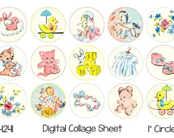 Baby Digital Clipart, instant download, 1 inch circles, toys, ducky, teddy bear, booties, bottle caps, digital collage sheet, 4by6"  4241