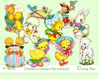 Digital Clipart, instant download, Vintage Easter clipart, Easter bunny eggs ducklings flowers lamb chicks girl gardening--PNG files 4168