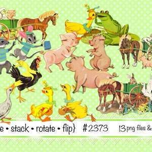 デジタル クリップアート、即時ダウンロード、ビンテージ農場動物、クリップアート、ポニーとカート、豚、鶏、アヒル、ガチョウ、ネズミ、カエル - PNG ファイル 2373