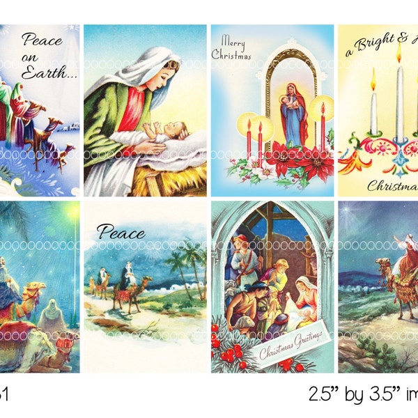 Digital Clipart, instant download, Vintage Christmas Cards Mary Baby Jesus, three wise men camels--8.5 by 11--Digital Collage Sheet 2481