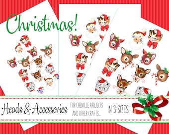 Printable Chenille Ornament Heads: Christmas Reindeer, Santa, Kittens (Digital Download Collage Sheet #HX2)
