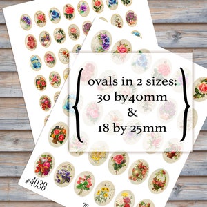 Printable Oval Cabochons, Vintage Images for cameo pendant 30mm by 40mm Spring, flowers, roses, pansy--8.5 by 11--Digital Collage Sheet 4038