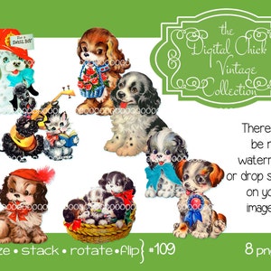 Digitale Clip Art, sofortiger Download, niedliche Vintage Hündchen Clip Art, Dalmatiner, Cocker Spaniel, Pudel, Welpen, druckbare Png Dateien 109