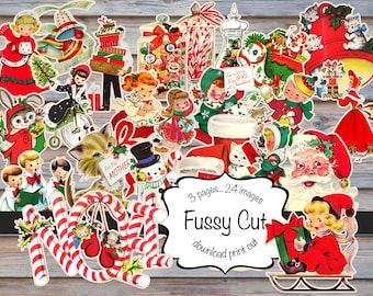 Fussy Cut Christmas  printable pages, children, sled,  digital download, 24 images, 3 pages to cut, junk journaling, Ephemera, scrapbooking
