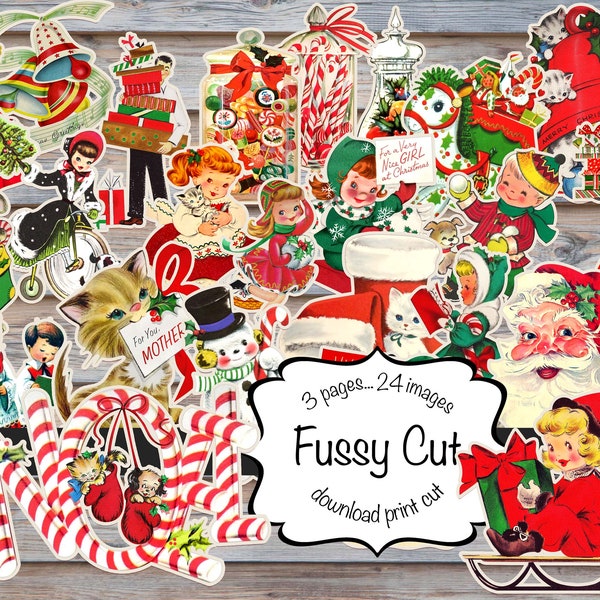 Fussy Cut Christmas  printable pages, children, sled,  digital download, 24 images, 3 pages to cut, junk journaling, Ephemera, scrapbooking