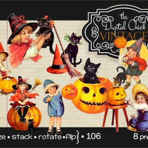 Vintage Halloween Clipart instant download  Pumpkins, Black Cats, Witches, kids, printable--8 png files,  1 collage sheet, commercial use