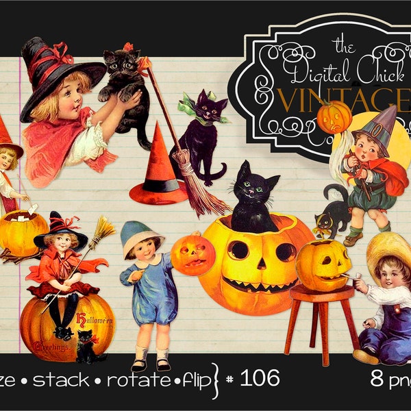Vintage Halloween Clipart instant digital download  Pumpkins, Black Cats, Witches, kids, printable--8 png files plus 1 collage sheet, #106