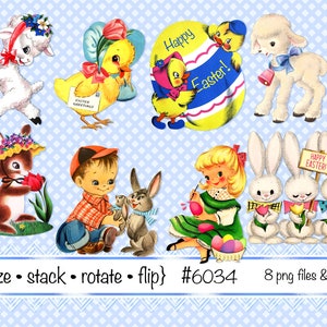 Vintage Ostern Digitale Clipart, Instant Download, Osterhasen, Osterhase, Lamm, Enten, Junge, Mädchen, Malen Eier--PNG Dateien 6034