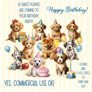 Filhotes de cachorro de aniversário aquarela clipart, filhote de cachorro de aniversário, cachorrinho, cães, clipart fofo, arte de aniversário, pacote de 10 arquivos png e 2 jpg para baixar