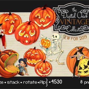 Digital Clipart, Vintage Halloween Clipart--Pumpkins, Black Cats, Witch, ghost, skeleton, bones--printable PNG Files--8 Images 4530