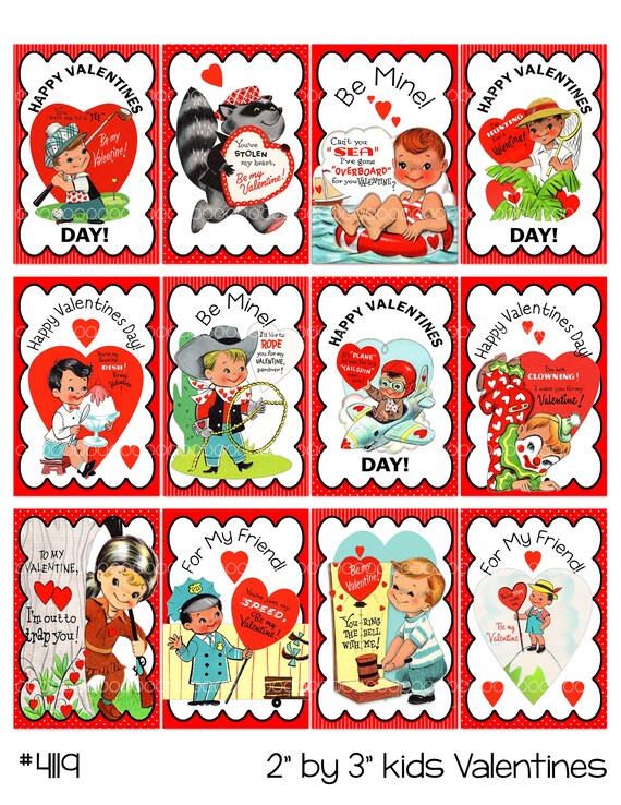 Vintage Valentine Cards: Mini Clown, Plane, Golf Designs (Digital Collage Sheet)