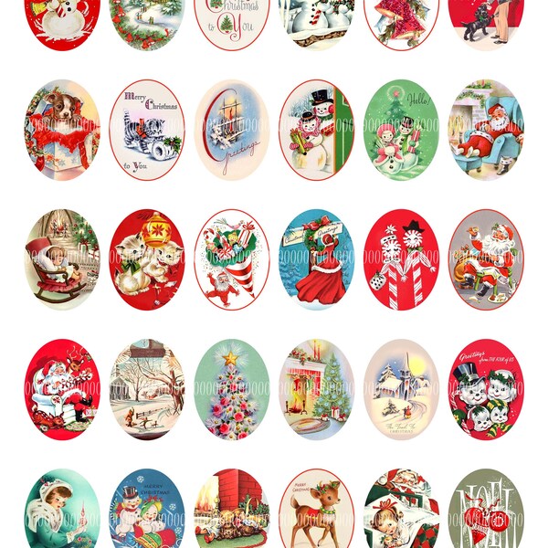 Printable Oval Cameo Cabochons, Vintage Images for pendants 30mm by 40mm Christmas, snowmen, toys, santa--8.5 by 11--Collage Sheet 4074