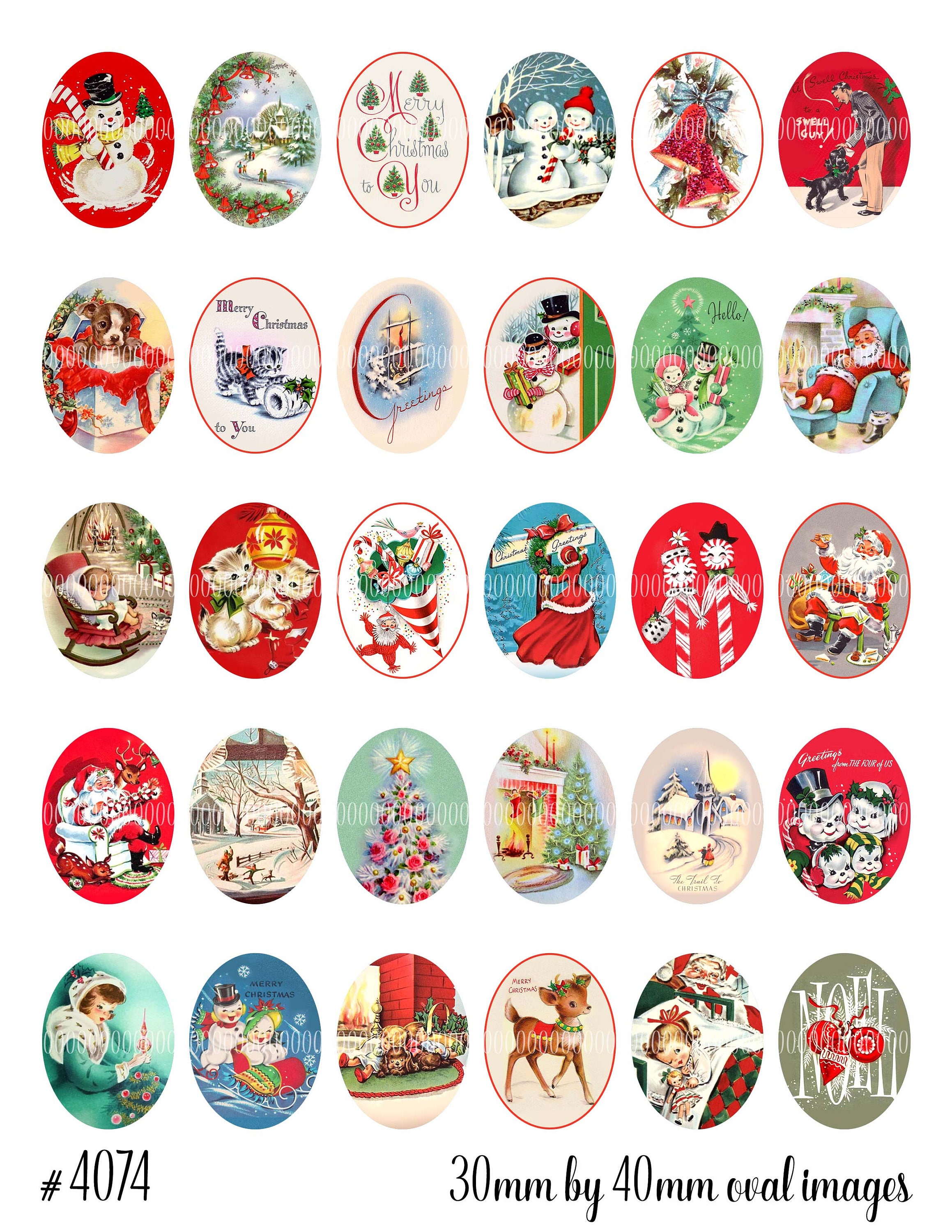 Vintage Christmas Oval Cabochons: 30x40mm Collage Sheet (Digital Download)