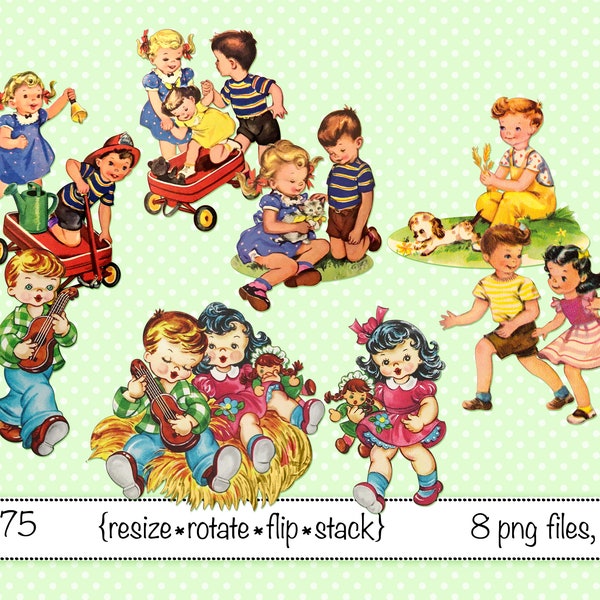 Vintage Children kids clipart, Little Girl, Little Boy, guitar, ukulele, red wagon, country kids, puppy, digital download  PNG files 5575