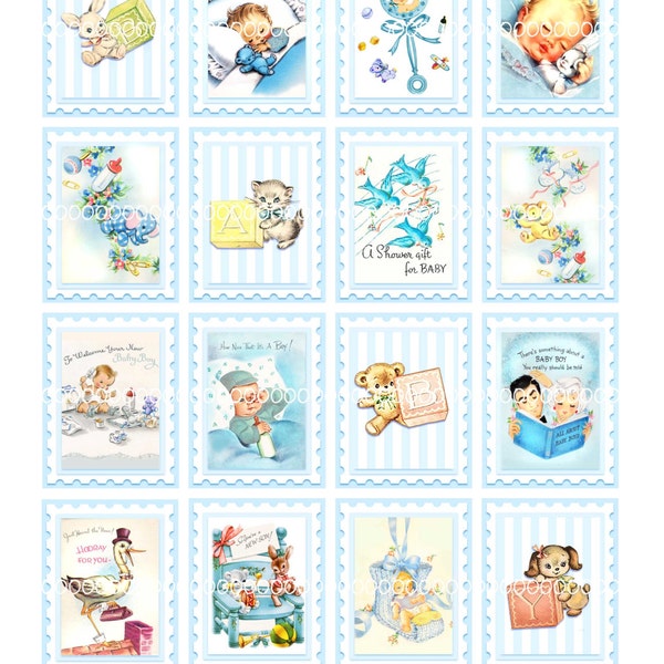 Digital Clipart, instant download, Vintage Baby Card Images babies baby boy stamps blocks stork toys--8.5 by 11--Digital Collage Sheet  1228