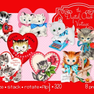 Clipart numérique, téléchargement instantané, vintage Valentine Cartes imprimables Chats Chatons cœurs roses rubans bonbons nœuds, Clip Art - 8 fichiers PNG 320