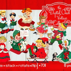 Vintage Weihnachtsbilder, Digitale Clipart, Chor, Rodeln, Skaten, Schneebälle, Kinder, kleine Mädchen, Jungen --8 druckbare PNG Dateien 7011