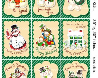 Digital Clipart, instant download, Vintage Christmas Cards or tags for Kids--Snowman, Snowmen, Home--8.5 by 11--Digital Collage Sheet 1923