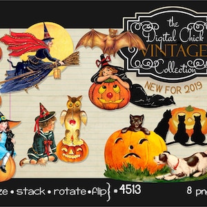 Digital Clipart, Vintage Halloween Clipart--instant digital download--Bat, Owl, Pumpkins, Black Cats, Witches, children--8 png files 4513