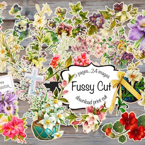 Fussy Cut Vintage wiosna, kwiaty wielkanocne, do druku, pobieranie cyfrowe, 24 obrazy 3 strony do wycięcia, dzienniki śmieci, zestaw efemeryd, wybredne cięcie