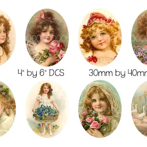 Digital Oval Images, Cameo, Vintage Young girl child with flowers geese--30 mm by 40 mm Ovals--Digital Collage Sheet (4 by 6 inches) 4136