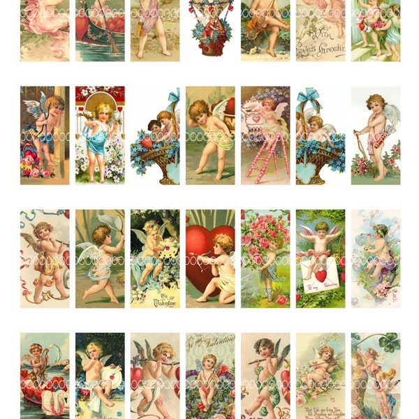 Vintage Valentine Card Images--dominoes domino tile love roses cupids flowers hearts angels Clipart--8.5 by 11--Digital Collage Sheet  2096