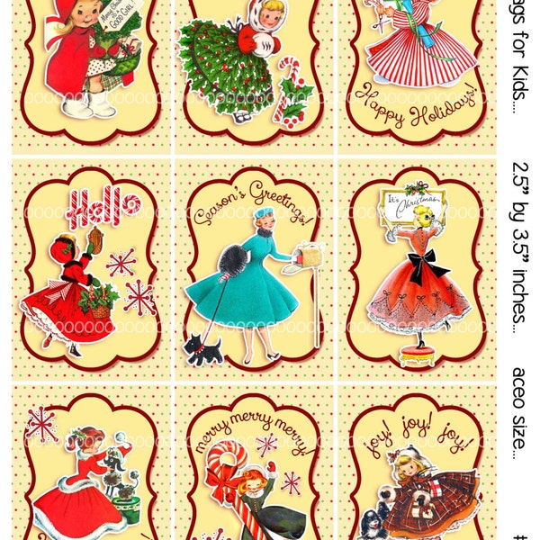 Digital Clipart, instant download, Vintage Christmas Cards or tags for Kids--Young Girls, Reindeer--8.5 by 11--Digital Collage Sheet 1928