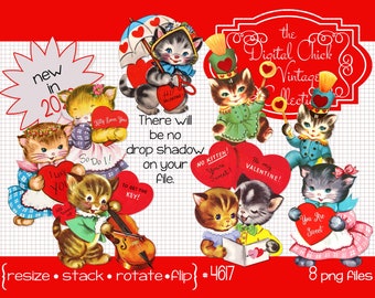 Vintage Kitten Valentines Clipart: Kitty Cat PNG Files (Digital Download)