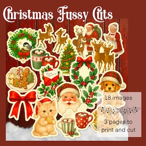 Pages imprimables de Noël coupe délicate, père Noël, renne, téléchargement numérique, 18 images, 3 pages à couper, journalisation indésirable, éphémères, scrapbooking