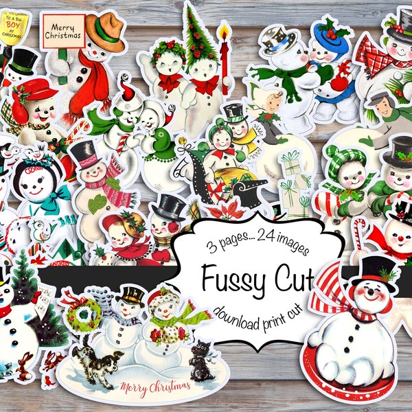 Fussy cut Snowman, snow people printable pages, Digital instant download, 24 images, 3 pages to cut, junk journaling, Ephemera, scrapbooking