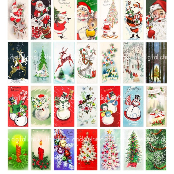 Christmas clipart, instant download, domino pendant--Santa Claus, snowman, Christmas trees--printable digital collage sheet, 8.5 by 11 1348