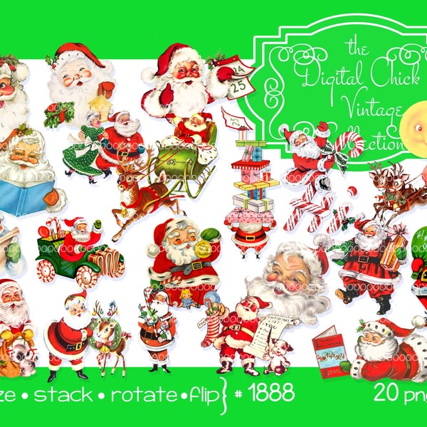 Digital Clipart, instant downloads, Vintage Santa Claus Images St Nick, Father Christmas, reindeer and sleigh, Santa reading--PNG Files 1888