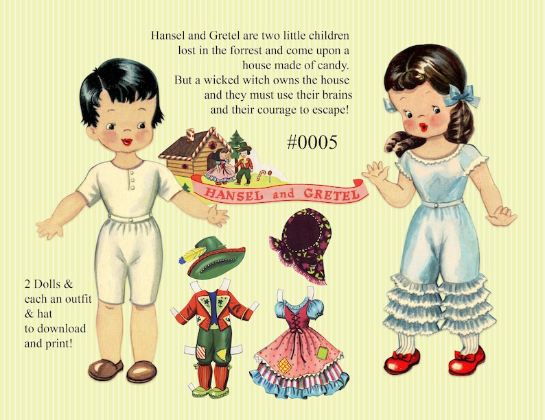 download and print paperdolls and clothes Vintage Fairy Tale paper dolls Hansel and Gretel storybook characters printable sheets 0005