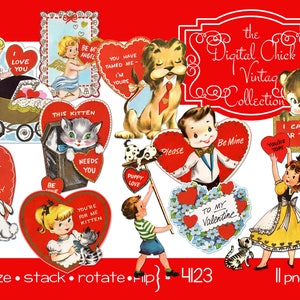 Digitale Clipart, sofortiger Download, Vintage Valentinsgrüße, Jungen und Mädchen, Kätzchen, Welpe, Löwe Bär, Kinderwagen, Engel, Hase--11 PNG Dateien 4123