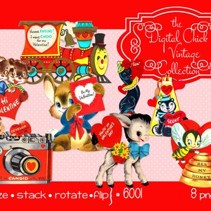 Vintage Valentijnsdag, digitale clipart, instant download, skunk, bij, choo choo trein, zegel, ezel, camera, konijn, beren - PNG-bestanden 6001