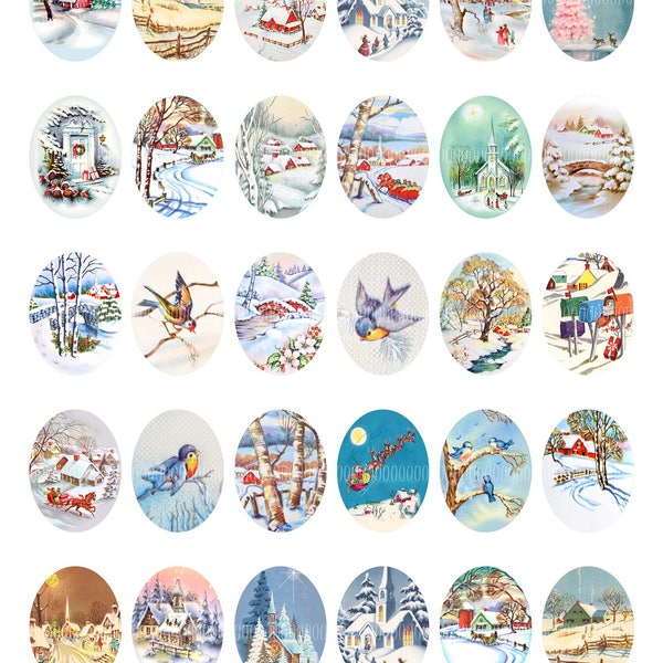 Printable Oval Cabochons, Vintage Images for pendants, cameos, 30mm by 40mm Christmas, snow, scenery, trees,--8.5 by 11--Collage Sheet 4097