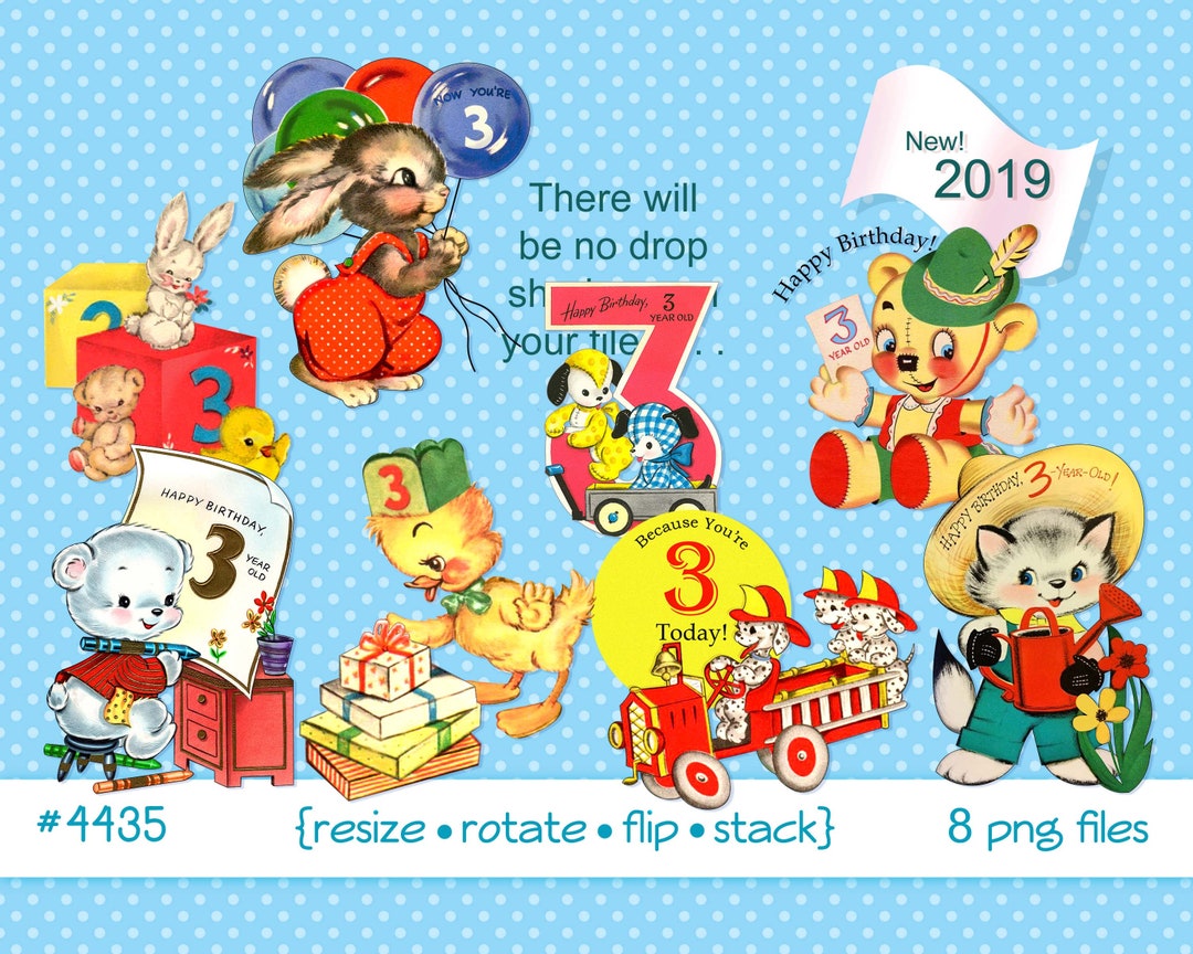 Vintage Children's Birthday Clipart, 3 Year Old, Little Girl, Boy ...