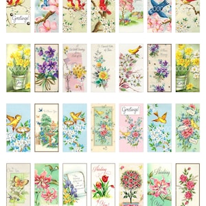 1 by 2 domino collage sheet,  thinking of you, vintage flowers, birds, trees, domino pendant tile  8.5 by 11, Digital Collage Sheet 5031