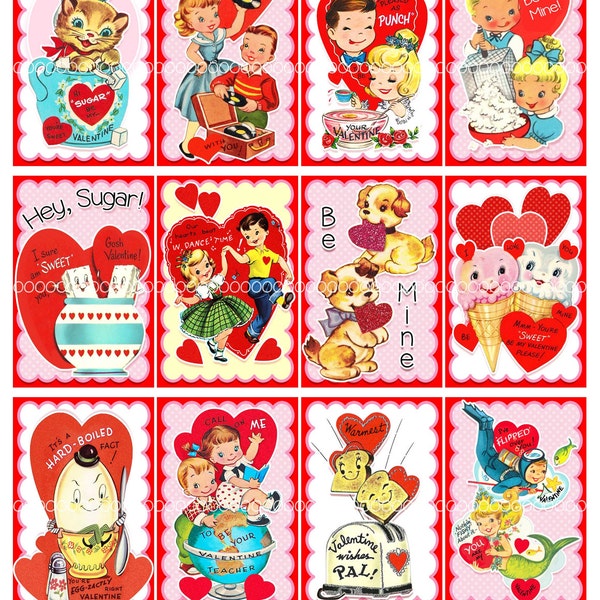 Digital Clipart, instant download, mini Valentines cards, tags for children, kids, puppies, Digital Collage Sheet (8.5 by 11 inches) 4004