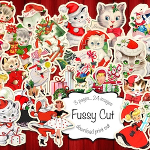 Fussy Cut Christmas pagine stampabili, Bambine, gattini, download digitale, 24 immagini, 3 pagine da tagliare, journaling, Ephemera, scrapbooking