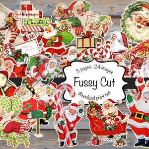 Fussy Cut Santa Claus, páginas para impressão, download instantâneo digital, 24 imagens, 3 páginas para cortar, diário de lixo, Ephemera, scrapbooking