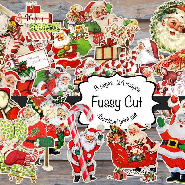 Fussy Cut Santa Claus,  printable pages, Digital instant download, 24 images, 3 pages to cut, junk journaling, Ephemera, scrapbooking