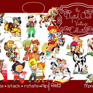 Digitale Clip Art, sofortiger Download, Vintage Cowboys Jungen, Mädchen, Geburtstag Welpen pony, Pferd Lasso Hase 17 png Dateien 1485