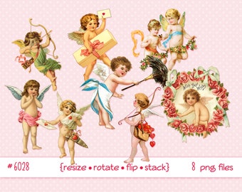 Digital clipart, instant download, Victorian Vintage Valentine Images--cupid cherub angel wings flowers bow and arrow--PNG files 6028