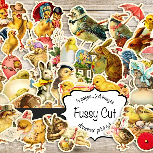 Fussy Cut Easter chicks, birds, chickens, bunnies,  printable, instant download, 24 images 3 pages to cut, journaling, Ephemera for cards